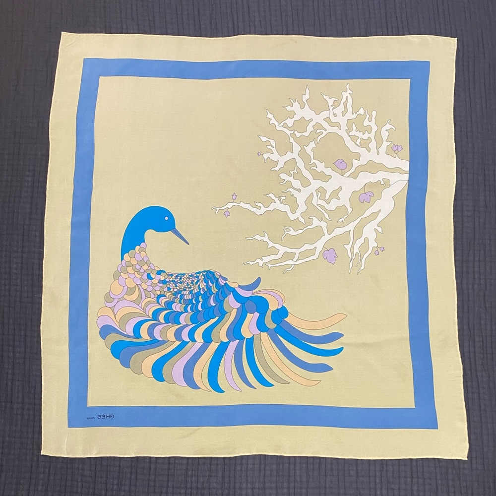 100% Silk Vintage Grès Scarf Peacock Bird